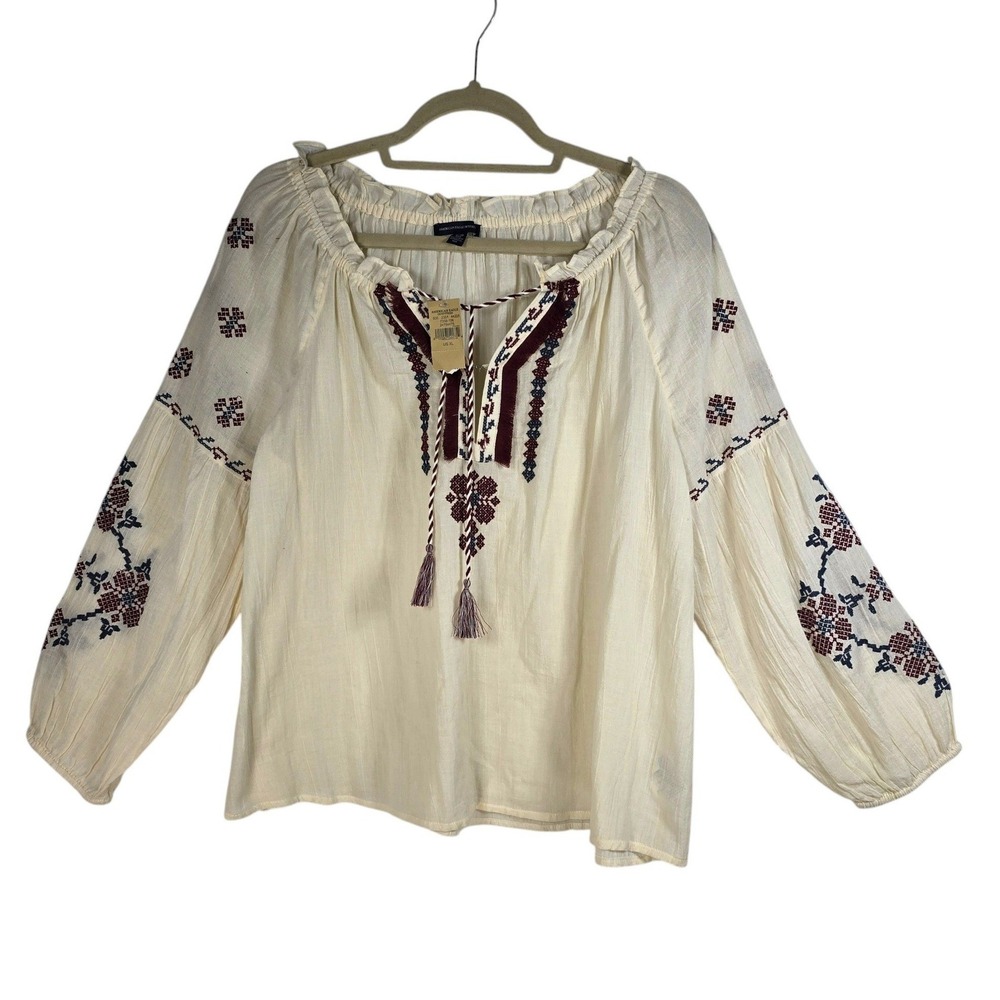 American Eagle Embroidered Peasant Blouse Off-White Cotton Boho Tassel XL NEW